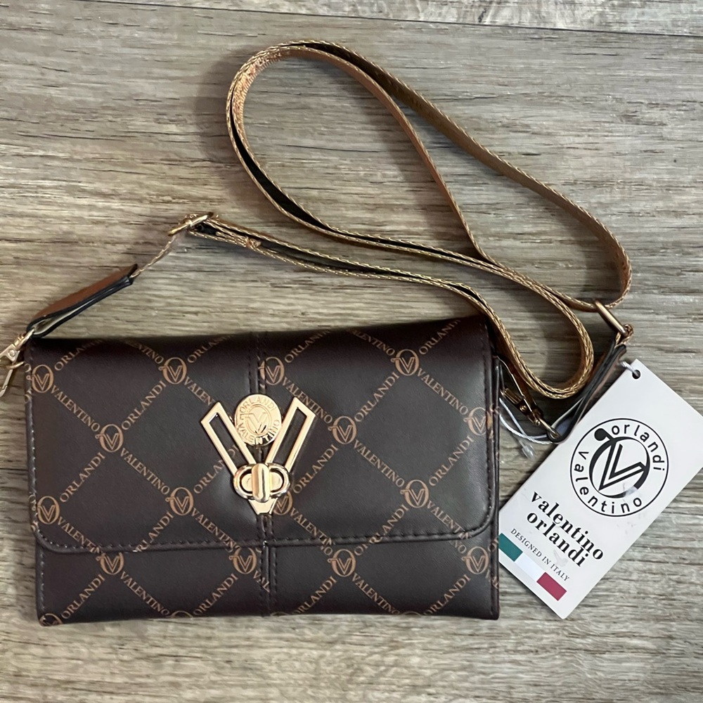 Valentino Orlandi Brown Geometric Crossbody Bag with Gold Hardware